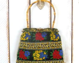 Vintage schwarz bunt bestickte Blumen Gobelin Handtasche / rot / gelb / blau Blumen Geldbörse / Stofftasche