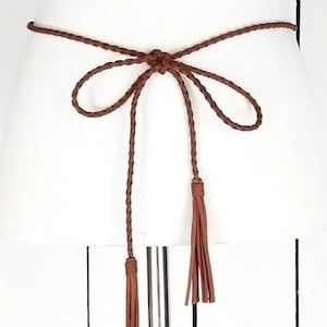 Brown braided faux suede rope chord fringe tassel tie belt