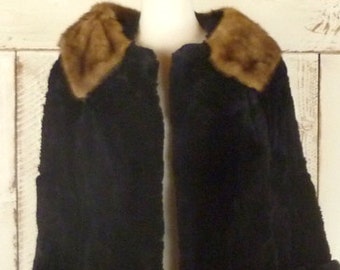 50s vintage black faux fur brown mink collar coat/medium/large