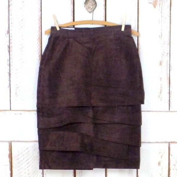 Vintage dark brown layered/tiered suede leather fitted pencil skirt/high waisted long suede pencil skirt/small/medium