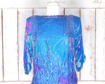 Vintage schiere blaue Seide Perlen Pailletten Bluse