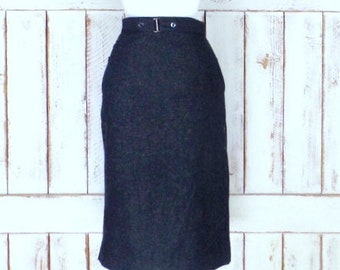 Vintage black wool fitted high waisted pencil skirt