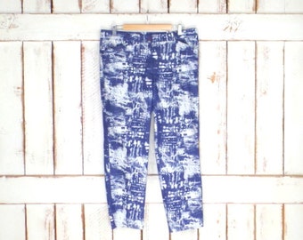 Vintage blauw-witte broek met abstracte grafische print uit de jaren 90