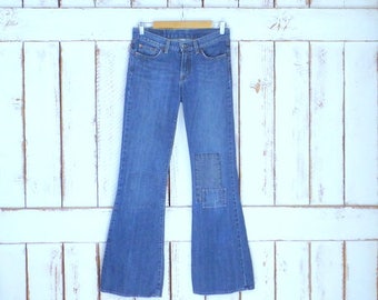 90s  blue jean patched/patchwork denim boot cut/flare stretch jeans/low rise jeans/4/27