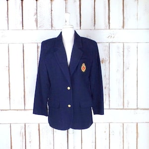 Liz Claiborne dark blue gold button wool blazer jacket/vintage Liz Sport navy blue blazer/gold crest patch jacket/12