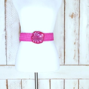 80s pink wide stretch belt/pink floral buckle belt/statement cinching belt