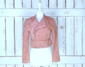 Vintage 90s peach pink quilted suede leather motorcycle bomber jacket fitted cropped suede moto jacket