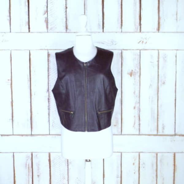 90s vintage dark brown leather zipper front vest/stretch back leather vest/motorcycle riding leather vest