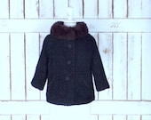 Vintage 60s I Magnin and Co black faux Persian lamb rabbit fur collar coat short black wool fur collar jacket curly lamb jacket