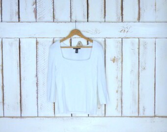 90s white fitted stretch pullover 3 quarter length sleeve top/90s stretch ribbed white blouse/shirt/small