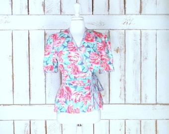 Vintage pink/blue floral silk short sleeve wrap blouse/silk floral wrap top/floral silk shirt/8