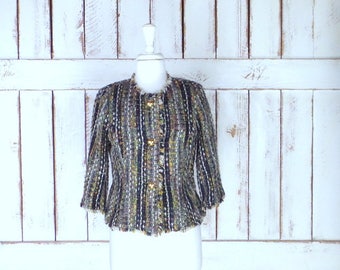 90s vintage woven knit tweed blazer jacket/black/grey/green tweed cardigan jacket/small