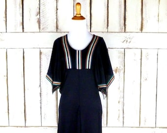Black stretch poly flutter sleeve vintage jumpsuit/70s wide/bell leg jumper/vintage one piece