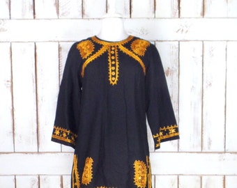 Vintage black/yellow embroidered Indian mirror tunic dress/tribal boho/gypsy festival tunic top