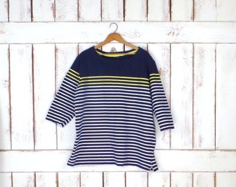 90s blue/white/yellow striped cotton boxy pullover/striped shirt/skinny stripe blouse