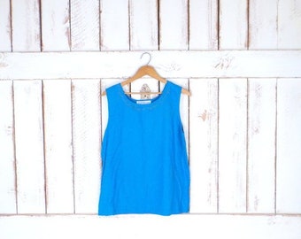 90s vintage light blue silk shell tank/embroidered tank top/sleeveless top/large