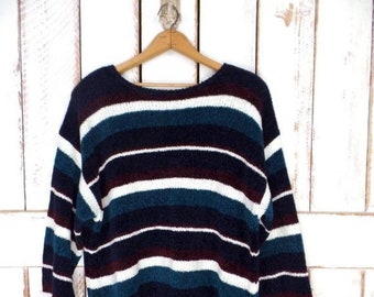 90s striped chunky chenille slouchy pullover sweater/vintage blanket sweater/minimalist