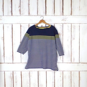 90s blue/white/yellow striped cotton boxy pullover/striped shirt/skinny stripe blouse