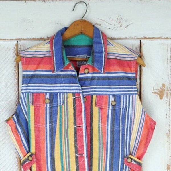 Vintage 90s striped cotton vest/colorful short fitted vest/red/blue/yellow button down vest