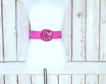 80s pink wide stretch belt/pink floral buckle belt/statement cinching belt