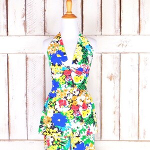 60s vintage Sundays Child California bright op art floral two piece halter top pantsuit