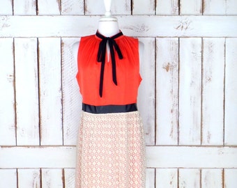 90s orange red satin ivory crochet lace sleeveless cocktail dress