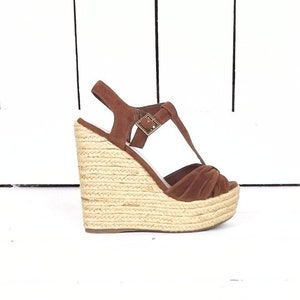 90s vintage brown open toe high platform t strap wedge espadrille sandals