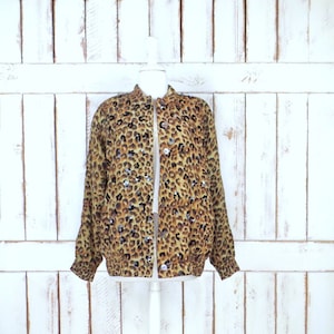 Vintage leopard print sequin beaded silk windbreaker jogging puffer jacket/silk sports jacket/animal print flight bomber jacket/medium image 1