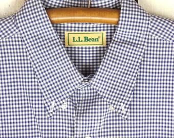 Vintage LL Bean blue/white gingham plaid button down shirt/checker board/check top/checkered collared shirt/xlarge