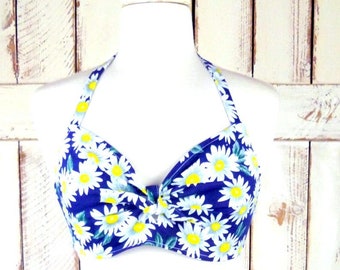 Vintage blau und weißes florales Gänseblümchen Baumwolle Neckholder Top