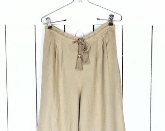 90s LizSport pantalones con cordón de flecos de lino bronceado/beige/pantalones de salón de lino Liz Claiborne/pequeña pequeña