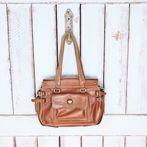 Bolso tote de cuero marrón tostado de los años 90 / bolso de trabajo vintage de cuero marrón claro / bolso de hombro de cuero