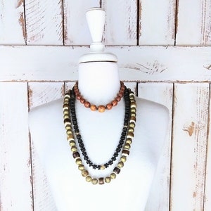 Chunky layered wood bead necklace set/vintage multistrand black/brown/gold wooden tribal/boho/festival necklaces/set of 3