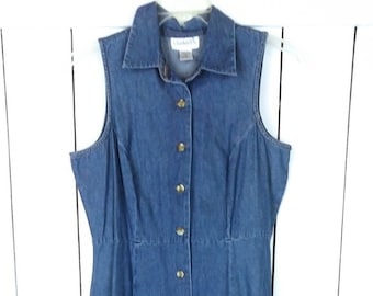 90s vintage blue jean denim button down sleeveless shirt dress/minimalist chambray long maxi button front shirt dress/14