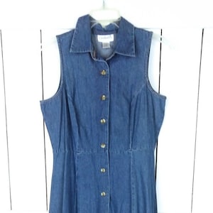 90s vintage blue jean denim button down sleeveless shirt dress/minimalist chambray long maxi button front shirt dress/14