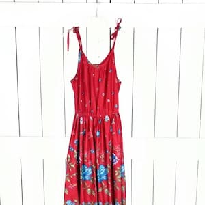 Vintage red floral sleeveless cotton midi summer dress/bow strap floral stretch waist dress image 1