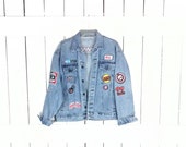 Vintage 90s patch faded blue denim jean jacket west coast phoenix 79 distressed denim trucker jacket unisex jean jacket