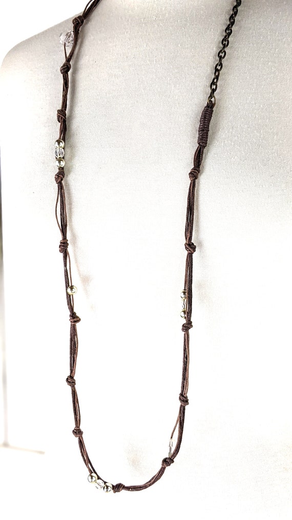 Brown knotted beaded chord long strand boho chain… - image 6