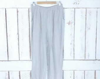 90s vintage ligero bronceado / beige lino algodón pantalones / cintura elástica pantalones / pantalones de salón de cintura alta / medio