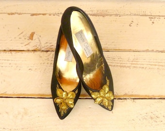 Black satin gold sequins high heel vintage shoes