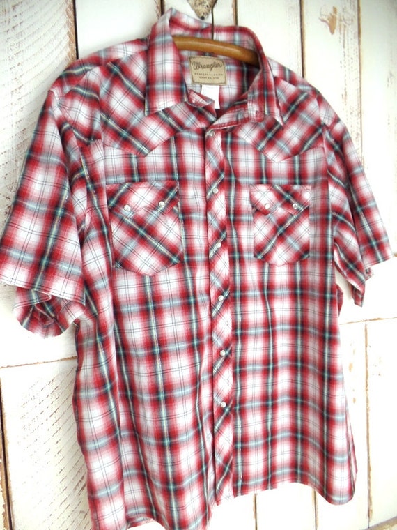 Wrangler red checkered plaid western button down … - image 2