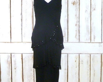 robe de soirée cocktail sans manches en soie noire vintage avec perles et col en v