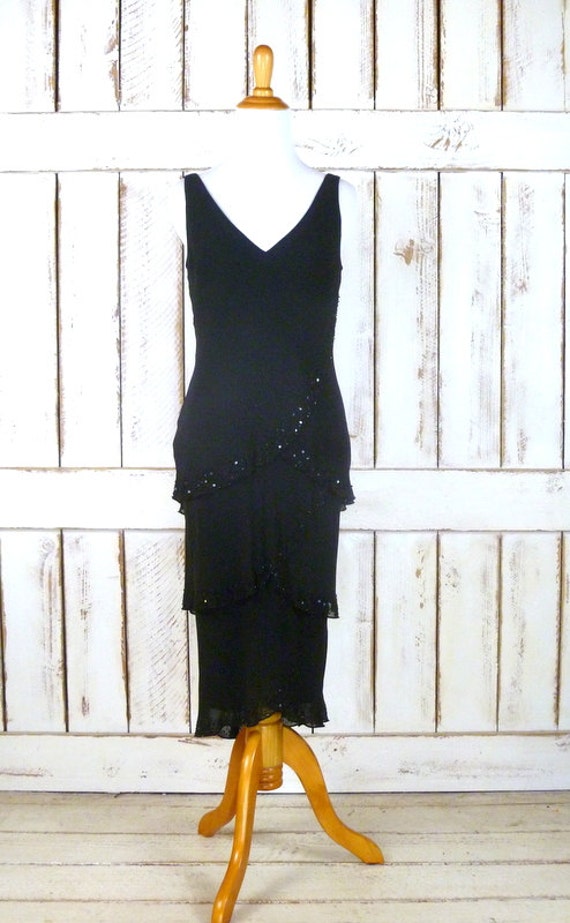 Vintage black silk beaded vneck sleeveless layered