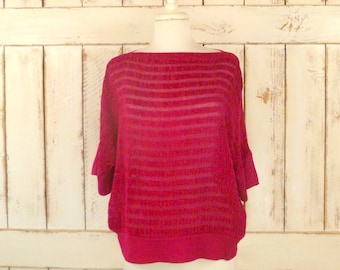 Vintage pink striped top/fuchsia pink velour blouse/slouchy top