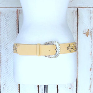 90s vintage light tan brown studded gemstone faux leather belt