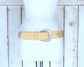 90s vintage light tan brown studded gemstone faux leather belt