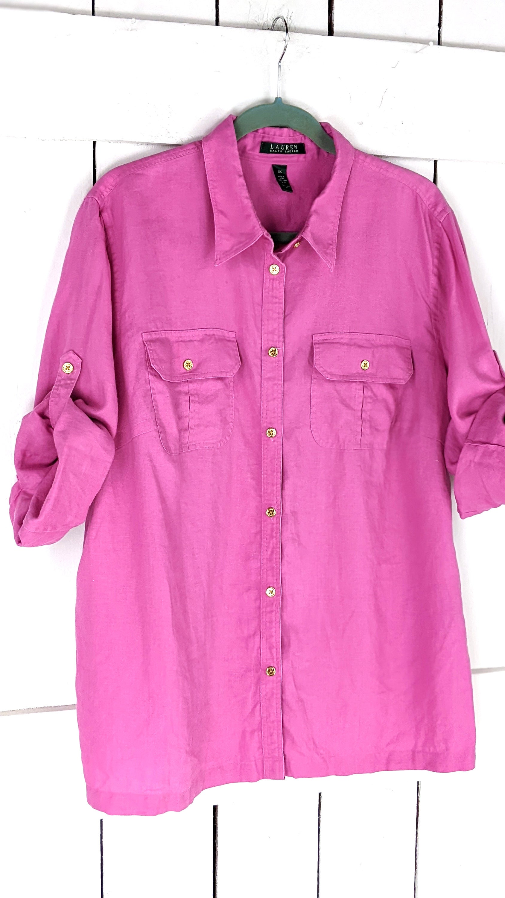 Lauren Ralph Lauren Pink Linen Button Down Blouse Shirt - Etsy, image size:1688x3000