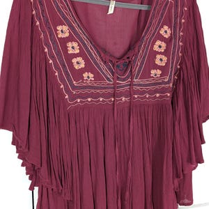 Embroidered floral gauzy bib bell sleeve caftan top