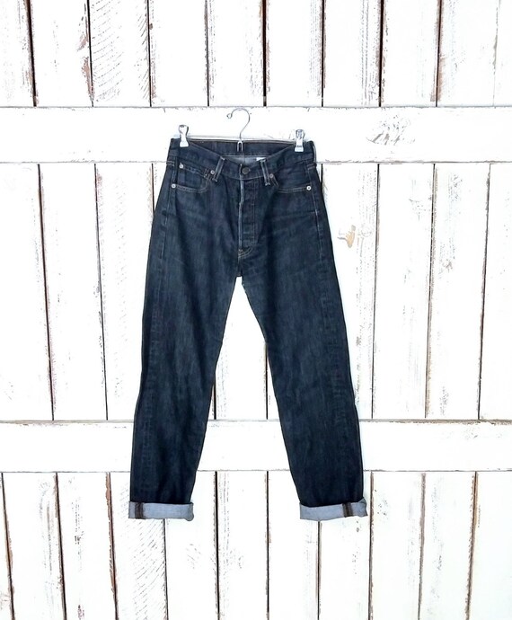 Vintage 90s 501 black button fly denim jeans/high… - image 1