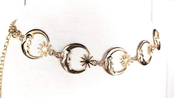 Gold Crescent & Star Chain Belt Gold Tone Celestial Moon & Star Layered Chain Belt – Unique  main image 3